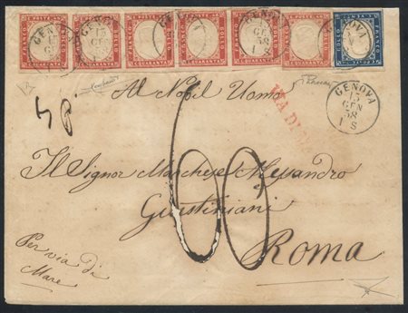  
Sardegna - IV emissione, Rara striscia di 5 del 40 cent. rosso scarlatto. su busta 
 