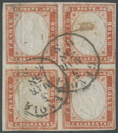  
Sardegna - IV emissione, 40 cent. vermiglio arancio in quartina. 
 