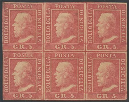  
Sicilia - 5gr. rosa carminio in blocco di 6 
 