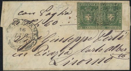  
Toscana - Gov. Provvisorio, splendida coppia del 5 cent. su lettera. 
 