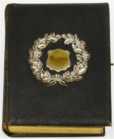 ALBUM FOTOGRAFICO rilegatura in pelle con inserti in metallo argentato e...