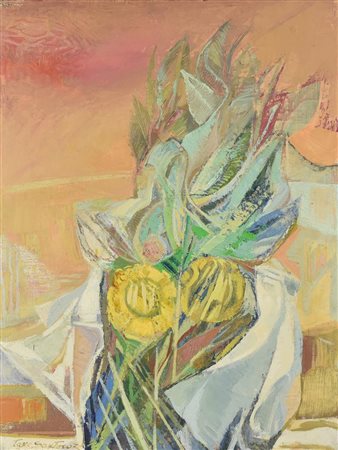 Tano Santoro NATURA MORTA SU PAESAGGIO, 1972 firma e data olio su tela, cm...