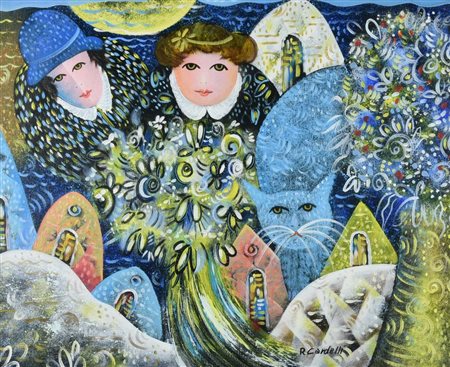 Raimondo Cardelli IL NOSTRO GATTO olio su tela, cm 50x60 firma sul retro:...