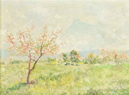 Enrico Cominetti FIORITURA A RIVALTA, 1978 olio su masonite, cm 30x40 firma...