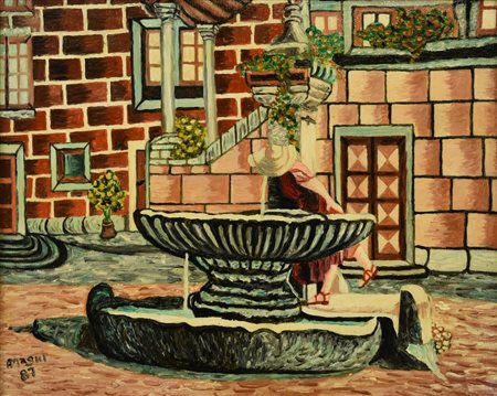 Andrea Magni RAGAZZA CHE SI DISSETA ALLA FONTANA, 1987 olio su tela, cm 24x30...