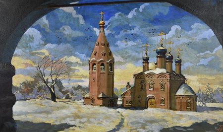 Ignoto CHIESA ORTODOSSA olio su tela, cm 32,5x54,5 monogramma indistinguibile