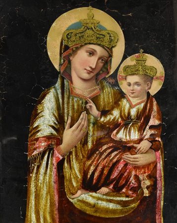 Anonimo MATERNITA' tecnica mista e applicazioni su vetro, cm 41 difetti