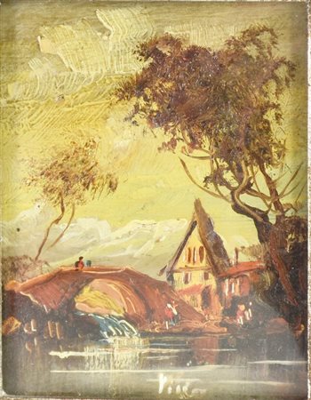 Ignoto PAESAGGIO olio su tavola, cm 9x7 firma