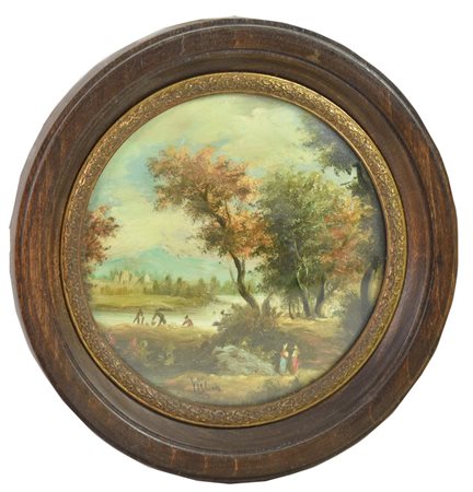 Ignoto PAESAGGIO olio su rame, diam cm 9 firma