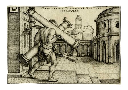 Hans Sebald Beham, Ercole trasporta le colonne gaditane. 1545. Bulino. mm...