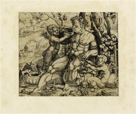 Giulio Bonasone [alla maniera di], Sileno, seduto, beve da un vaso offertogli...