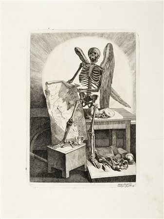 Jacques Gamelin, Scheletro alato che mostra una tavola anatomica. . A...