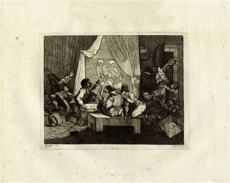 Jacques Gamelin, Due tavole con scheletri che irrompono in scene conviviali....