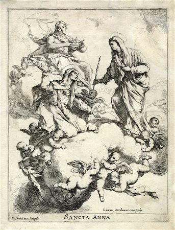 Luca Giordano, Incoronazione di Sant'Anna. 1650-1670. Acquaforte. mm 335x255....