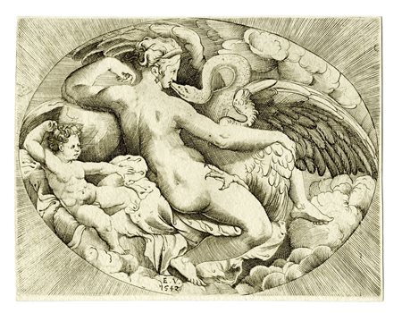 Enea Vico, Leda e il cigno. 1542. Bulino. mm 120x155. Foglio: mm 124x158....