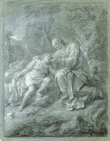 Anonimo del XVIII secolo, Agar e Ismaele nel deserto. Matita nera e rialzi in...