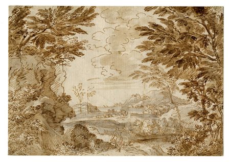 Agostino Carracci [attribuito a], Paesaggio con due figure e scorcio con...