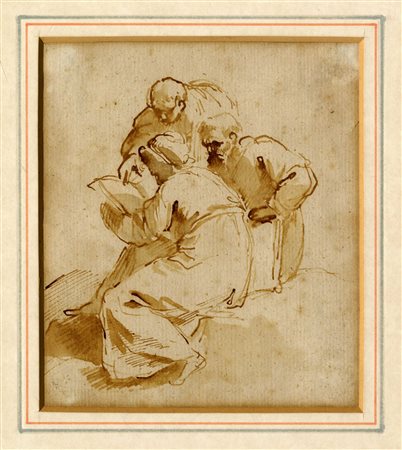 Pier Francesco Mola [attribuito a], Tre figure in lettura di grosso volume....