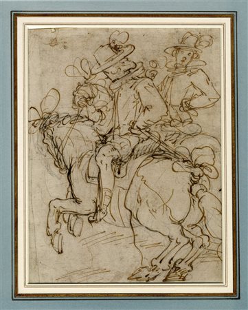 Giovanni Battista Paggi, Due cavalieri con cappello piumato. 1600 ca. Penna e...