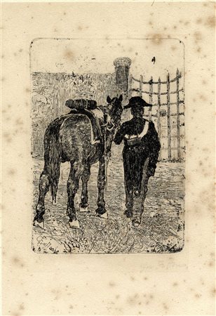 Giovanni Fattori, Ritorno in caserma. Acquaforte. mm 185x130. Foglio: mm...