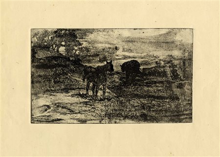 Giovanni Fattori, Cavalli al pascolo. Acquaforte. mm 160x270. Foglio: mm...