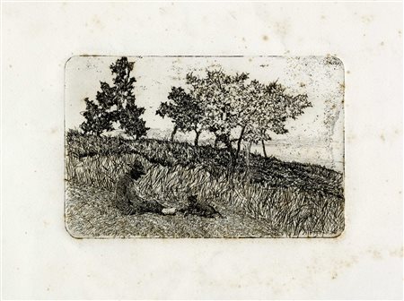 Giovanni Fattori, Riposo nei campi. Acquaforte su zinco. mm 112x170. Foglio:...