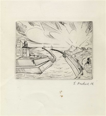 Erich Heckel, Hafeneinfahrt. 1916. Puntasecca. mm 146x195. Foglio: mm...
