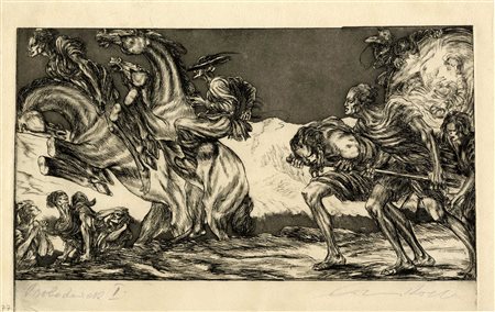 Alois Kolb, Lotto composto di 3 incisioni. 1926. 1) Nebelreiter (Cavaliere...