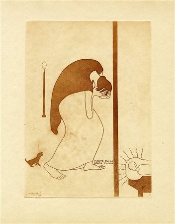 Adolfo Wildt, Pianto sulla porta chiusa. 1915. Acquatinta. mm 270x191....