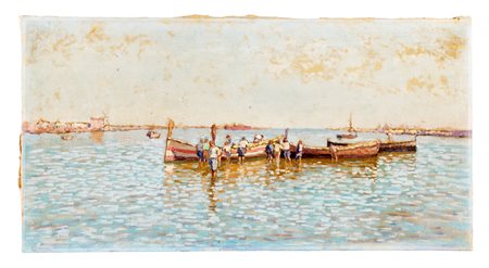 Scuola napoletana del XX secolo, Marina. Olio su tela. cm 37x72,5. Iscritto...