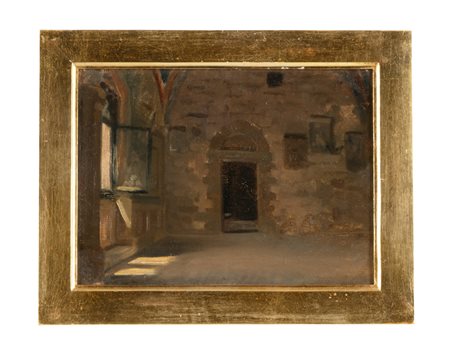 Giuseppe Abbati [attribuito a], Interno di castello. Olio su cartone. cm...