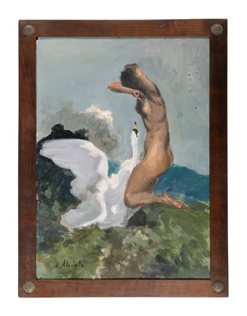 Ambrogio Antonio Alciati, Leda e il cigno. Olio su tavola. cm 68x48. Firma in...