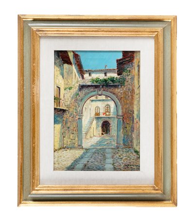 Rudolf Andree, Scorcio di paese. Olio su tela. cm 35,5x25,5. Firmato in basso...