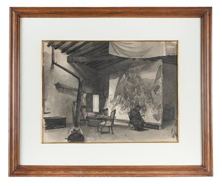Pietro Annigoni, Interno dello studio in Piazza Santa Croce. 1945. Acquerello...