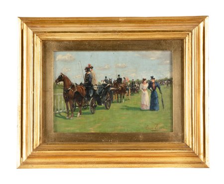 Enrico Banti, Corse all'ippodromo (All'Ardenza). Olio su tela. cm 23,5x33,5....