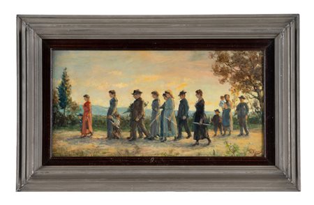 Leon Marcello Banti, Processione. Olio su tavola. cm 25x48,3. Firmato in...