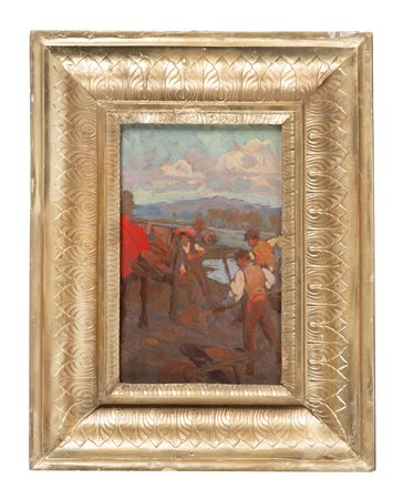 Augusto Bastianini [attribuito a], Bozzetto per Renaioli sull'Arno. Olio su...