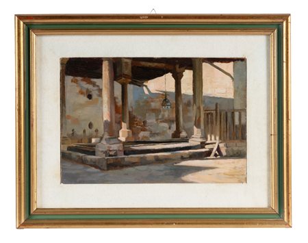 Adolfo Belimbau, Loggia con vasca al Cairo. 1898. Olio su tavola. cm...