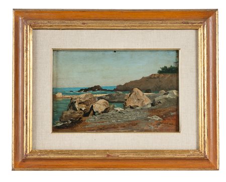 Adolfo Belimbau, Veduta marina con scogliera. Olio su tavoletta. cm 18,2x28....