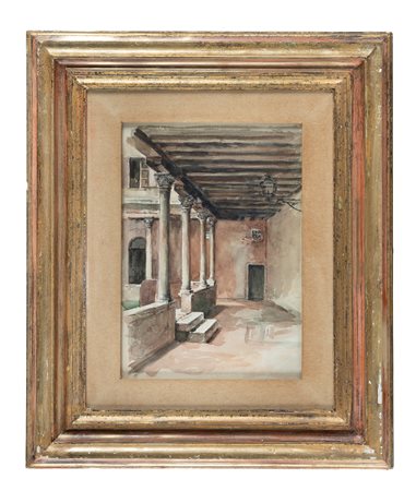 Vincenzo Cabianca, Scorcio di chiostro. Acquerello su carta. mm 355x250....