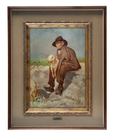 Vincenzo Caprile, Il pastore napoletano. Olio su tela. cm 48x33. Firma in...