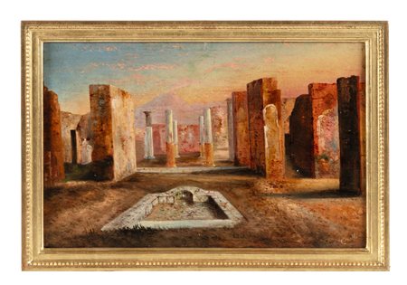 Gabriele Carelli, Lotto composto di due vedute degli scavi di Pompei. Olio su...