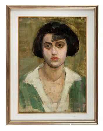 Arturo Checchi, Ritratto di giovane. Olio su cartone. cm 49,34,5. Iscritto al...