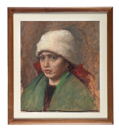 Cesare Ciani, Ritratto di fanciulla con cappello bianco. Olio su cartone. cm...