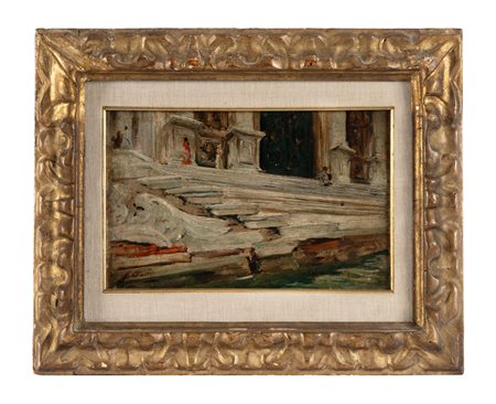 Georges Clairin, Veduta di una chiesa veneziana. Olio su tavola. cm 26,5x17....