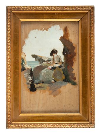 Vittorio Matteo Corcos, Signora sugli scogli. Olio su tavola. cm 27x17,5....