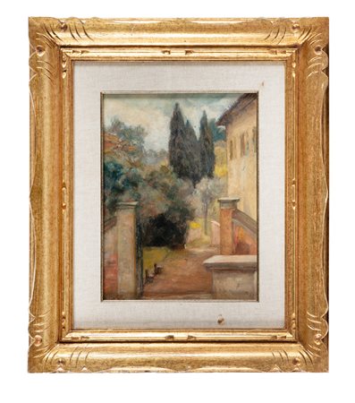 Romeo Costetti, Scorcio toscano. Olio su cartone. cm 33x25,5. Firma in basso...