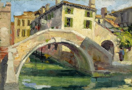 Angelo Dall'Oca Bianca [attribuito a], Vista veneziana. Olio su tavola. cm...