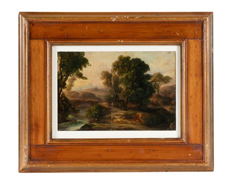 Serafino De Tivoli [attribuito a], Paesaggio con ponte e ruscello. Olio su...