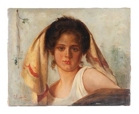 Gaetano Esposito, Ritratto di giovane ragazza. Olio su tela. cm 42x52. Firma...